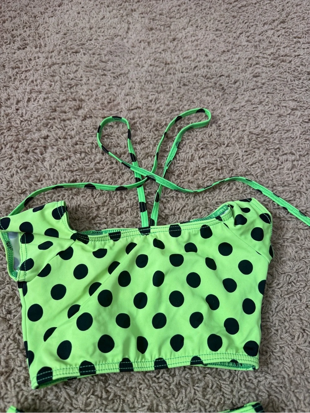Neon Green Polka Dot Dance Set for Kids - Halter Crop Top & Shorts CM